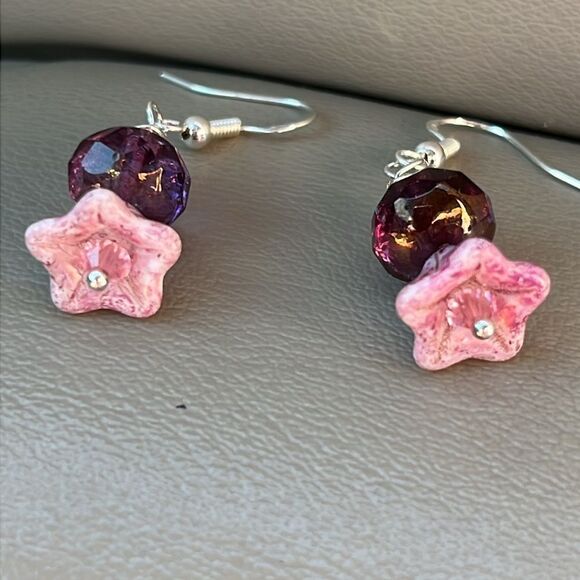 Handmade Pink Flower Earrings Czech Glass with mixed medium w Sterling - Picture 3 of 4